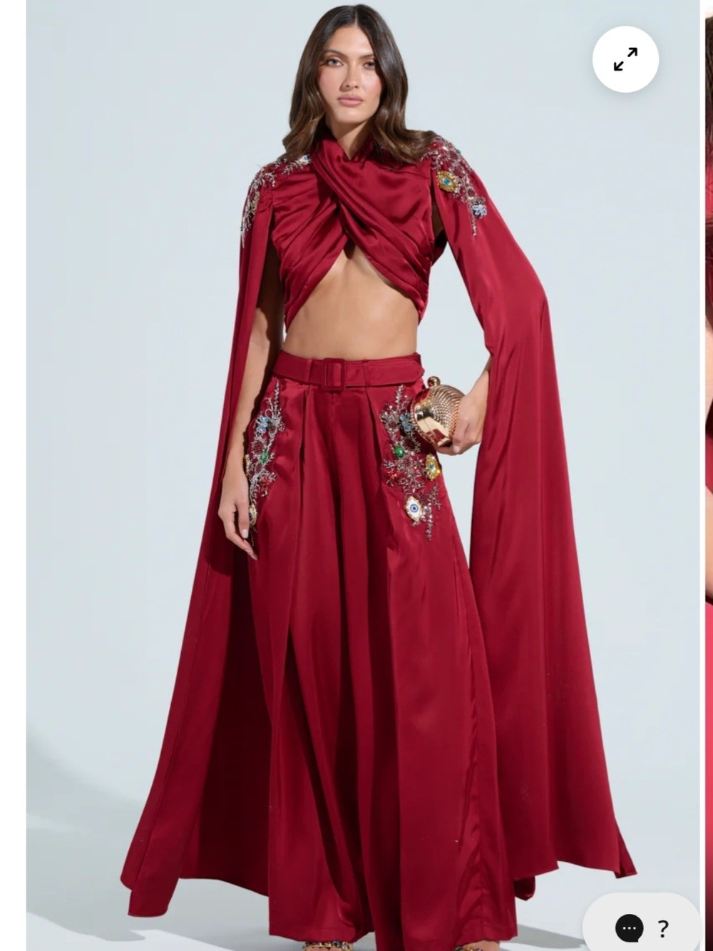 AKIRA Wine Red Embellished Wide-Leg Pants with Cape Top